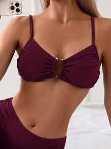 SHEIN Swim Áo bikini xếp nếp trơn mùa hè - Màu Đỏ Sâu - Xem 4