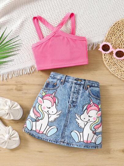 Young Girl Solid Color Tank Top & Unicorn Graphic Denim Effect Skirt Set