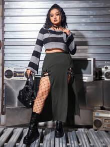 ROMWE PUNK Plus Lace Up Front Split Thigh Skirt - Grey - View 3