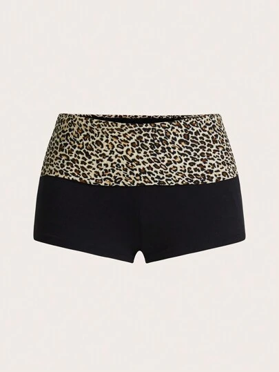 SHEIN ICON Leopard Print Foldover Waist Ultra Low Rise Super Short Mini Black Shorts