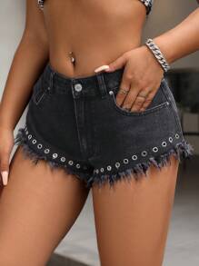 SHEIN SXY 女士时尚牛仔短裤，镂空设计和毛边裤脚 - 黑色 - 查看 1