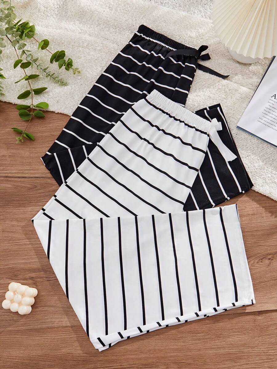 2pcs Plus Size Women's Striped Waist Tie Casual Pajama Cozy Pants, Fall Winter Clothes - Multicolor - View 1