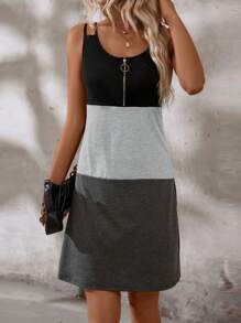 EMERY ROSE Casual Color Block Zipper Summer Short Suspender Dress With Double Shoulder Straps - Multicolor - View 5