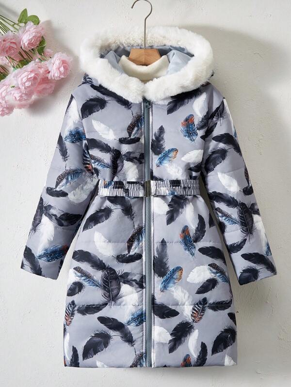 Tween Girls 1pc Feather Print Fuzzy Trim Hooded Coat