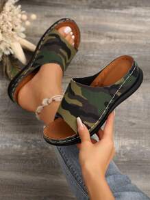 Summer Fashionable Camouflage Canvas Wedge Heels & Thick Base Women's Sandals, Versatile - Army Green - View 6