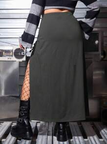 ROMWE PUNK Plus Lace Up Front Split Thigh Skirt - Grey - View 2