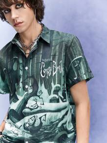 ROMWE MEN Corpse Bride | ROMWE Men's Street-Style Branch Print Short Sleeve Shirt, Suitable For Daily Wear In Spring And Summer, School - Multicolor - View 5