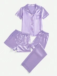3pcs Ladies' Comfy Satin Pajama Set For Women - Multicolor - View 3