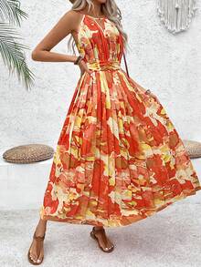 Breezaya 花卉印花百褶領帶領口連衣裙，夏日沙灘假期 - 黃色 - 查看 4