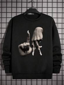 Manfinity Dauomo Men's Gesture Printed Loose Fit Pullover Sweatshirt, Spring & Autumn - Black - View 3