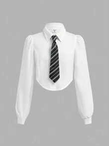 Tween Girl Back-To-School Short Collared Tie Casual Shirt - White - View 1