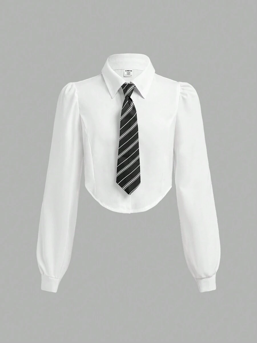 Tween Girl Back-To-School Short Collared Tie Casual Shirt - White - View 1