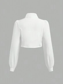 Tween Girl Back-To-School Short Collared Tie Casual Shirt - White - View 2