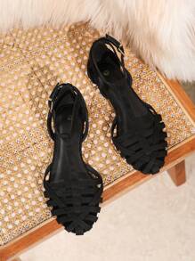 Sandalias planas para mujer, estilo romano de color oscuro con múltiples correas caladas, zapatos planos negro para uso al aire libre, vacaciones, cómodos y antideslizantes, sandalias romanas de verano con diseño transpirable y sexy, pantuflas casuales para el hogar