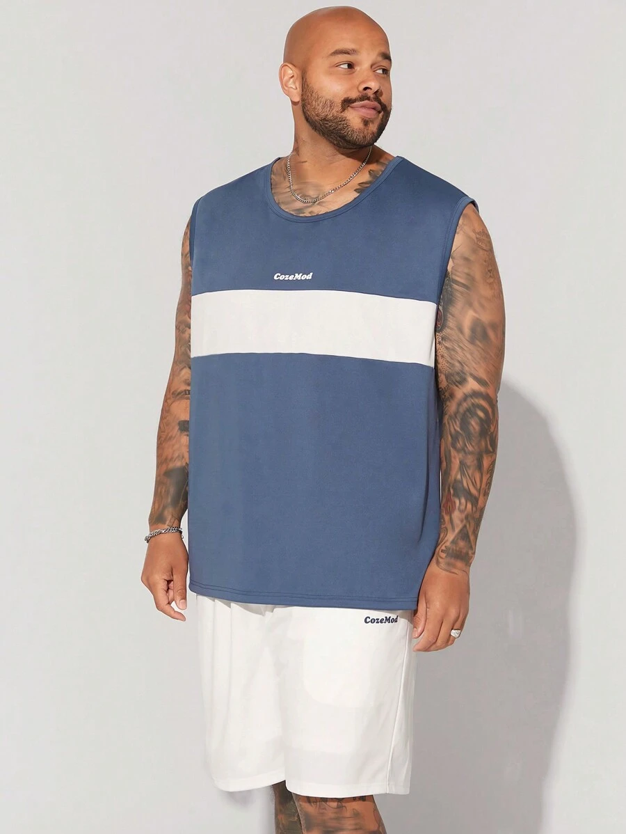 EASEVO 2pcs/Set Men's Plus Size Casual Knitted Letter Patchwork Sleeveless Top And Shorts Set, Mid-Waist Straight-Cut, Suitable For Summer, Daily Wear - Multicolor - View 1