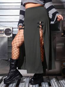 ROMWE PUNK Plus Lace Up Front Split Thigh Skirt - Grey - View 6