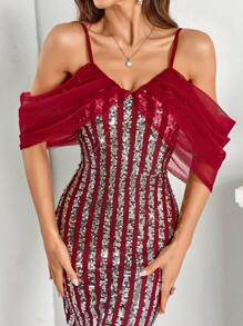 SHEIN Belle Burgundy Red Cold Shoulder Contrast Mesh Sequin Bridesmaid Dress
