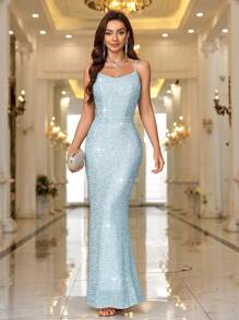 SHEIN Belle Vestido de noche elegante de mujer con lentejuelas y tirantes de espagueti de corte ajustado, para fiesta de graduación, cena, ropa de fiesta festiva - Celeste - Ver 1