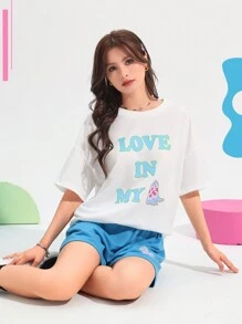 Letter Graphic Drop Shoulder Tee & Shorts PJ Set / Pajama Set - Multicolor - View 6
