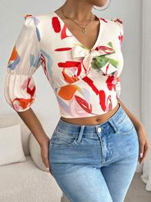 Chiquease Graphic Print Knot Front Crop Blouse For Summer - Multicolor - View 4