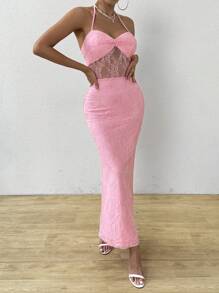 Allurite Vestido formal de verano con cuello halter y encaje de contraste