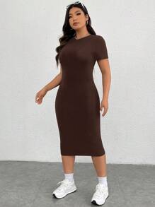 SHEIN EZwear 大尺碼女士夏季純色圓領短袖針織緊身休閒連衣裙 - 咖啡棕 - 查看 5