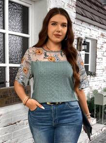 SHEIN CURVE+ Plus Size Embroidery Patchwork T-Shirt, Suitable For Summer Vacation, Curve Plus, Boho Vacation - Green - View 7