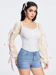 ROMWE Kawaii 青少年女孩休闲分层可爱蝴蝶结腰带装饰灯笼袖罩衫、防晒和空调罩衫、学校