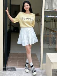 DAZY Top a maglia con motivo a fiocco, ideale per primavera e autunno, con volant - Giallo - Visualizzare 2