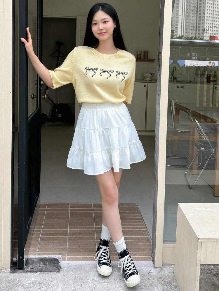 Bow Pattern Knit Top For Spring And Autumn,Ruffle