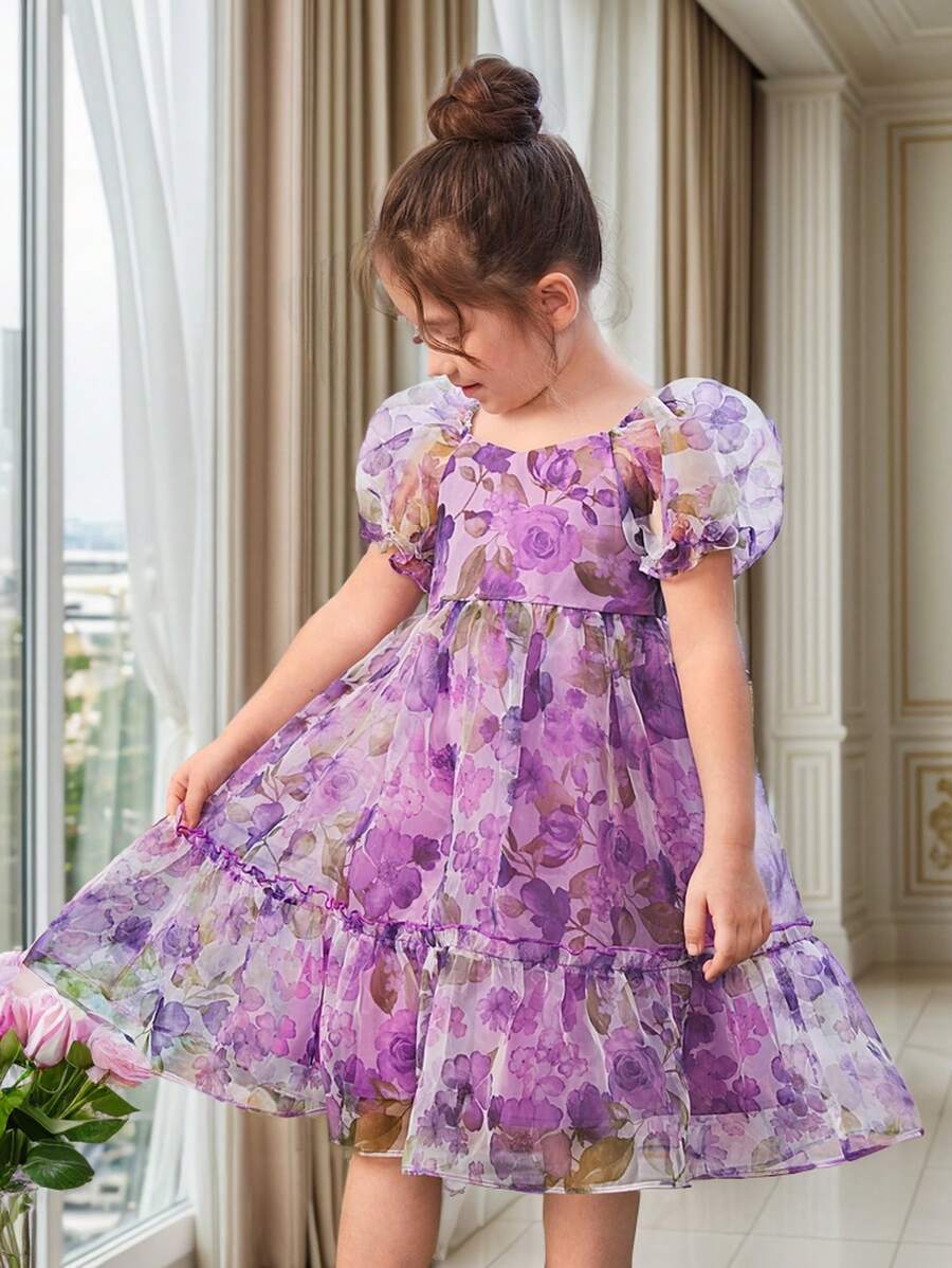 少女花朵印花泡泡袖荷葉邊連衣裙