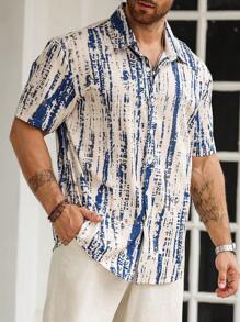 Manfinity Homme Plus 男士扎染拼色短袖翻领衬衫，适合度假和秋季穿着 - 彩色 - 查看 6