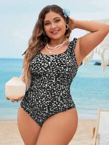 Swim Vcay Plus Size Ditsy Floral Print Tie Shoulder One Piece Swimsuit One Piece Bathing Suit Summer - Black and White - View 3