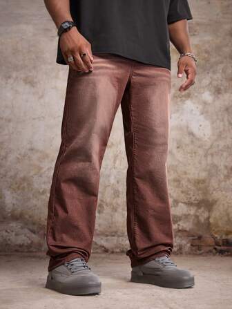 Manfinity Roughcore Jeans de talla grande para hombre con pierna recta y bolsillos, estilo vintage, diseño de territorio baldío