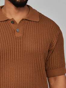 Camisa de punto casual de manga corta con cuello polo de unicolor para hombre, atuendo de negocios - Marrón - Ver 3