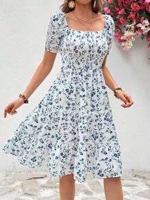 Breezaya Floral Print Square Neck Puff Sleeve Ruffle Hem Dress - Blue - View 6