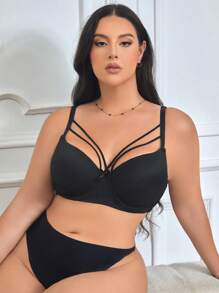 Plus Size Women's Hollow Out Solid Color Bra With Underwire, 1pc