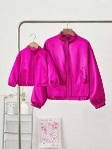 SHEIN Casual Fashionable Mommy And Me Matching Outfits - Satin Solid Color Long Sleeve Lapel Jacket For Baby Girls And Mothers (2 Pieces Sold Separately)
