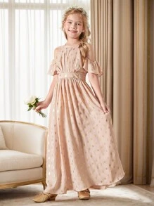 SHEIN Tween Girls Halter Neck Ruffled Halterneck Short Sleeve Waist Ruched Glitter Print Dress - Coral Pink - View 1