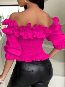 SHEIN LUNE Solid Color Ruffle Decor Off-Shoulder Cropped Top For Women - Hot Pink - View 2