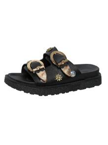 Nouvelles arrivées Sandales compensées femme noires à la mode et confortables, style décontracté, semelle épaisse, style punk, bout rond, ouvert, avec boucle - Noir - Voir 4