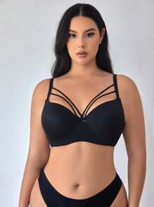 Plus Size Women's Hollow Out Solid Color Bra With Underwire, 1pc