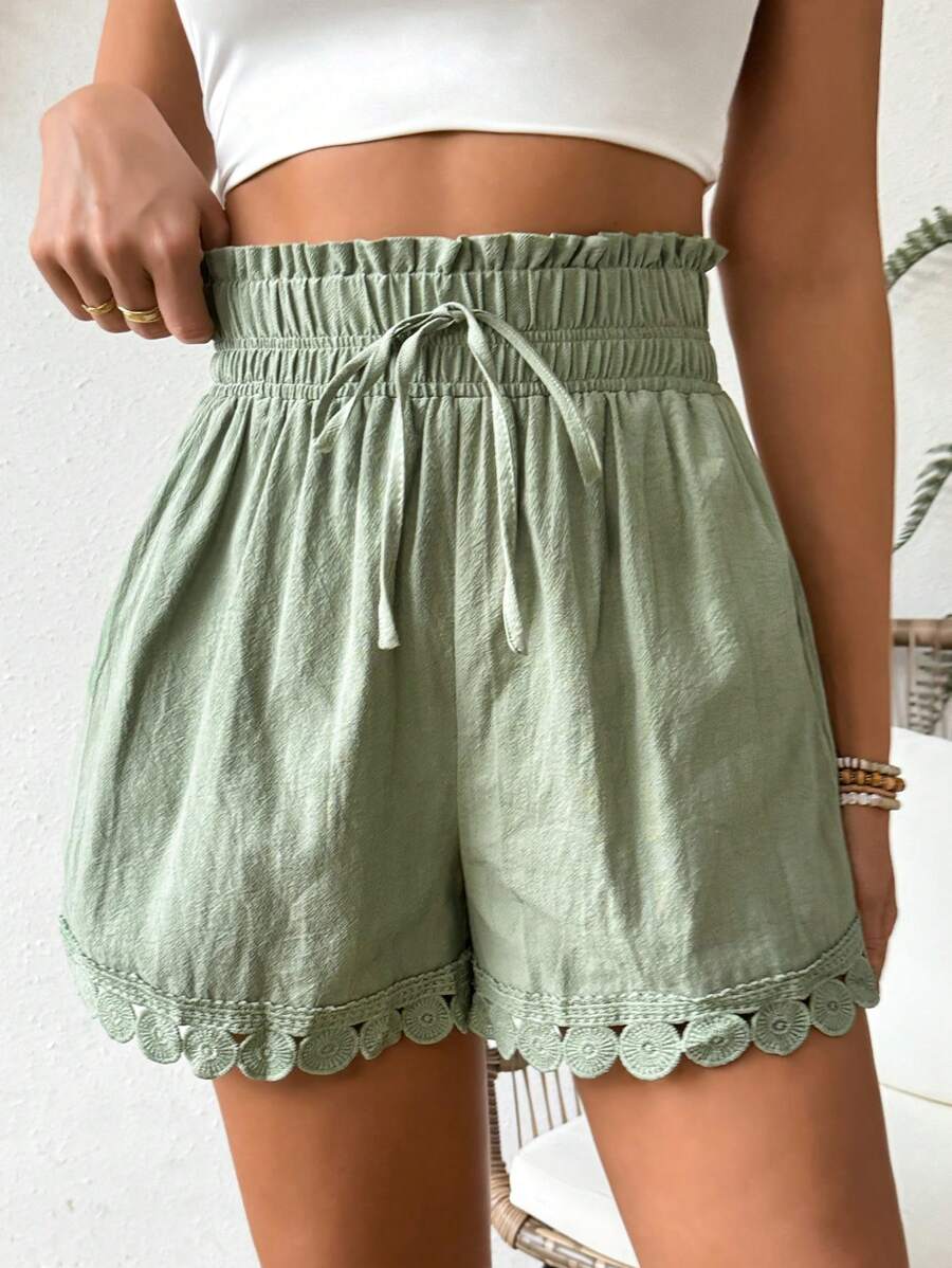 SHEIN VCAY Paperbag Waist Guipure Lace Trim Knot Front Shorts - Green - View 1