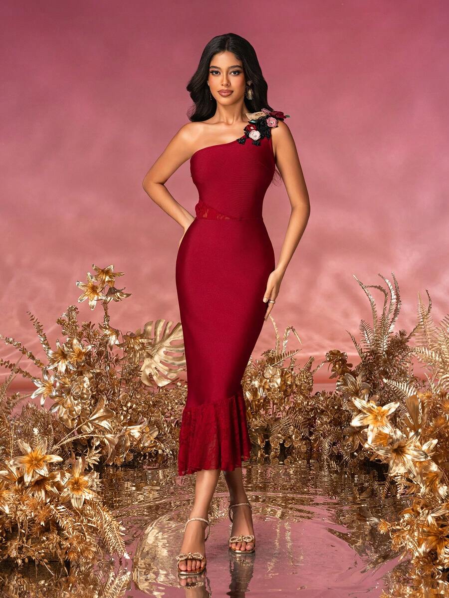Women's Solid Ruffle Hem Bandage Bodycon Dress Cocktail Party Evening