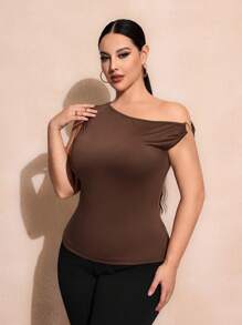 SHEIN SXY Top sólido de cuello asimétrico para tallas grandes - Marrón Chocolate - Ver 1