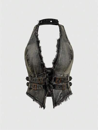 Hippie ملابس علوية إطلالة نسائية منقوشة بتفاصيل الخرز ذات ياقة عميقة بلا أكمام وظهر مفتوح من الدنيم