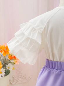 SHEIN 2入組嬰兒女孩優雅時尚紫色/白色多層蕾絲裝，適用於春夏季節