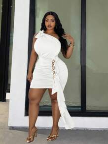 Slaydiva Robe marron à épauler unique, ajustée et élastique, avec chaîne décorative et volants, taille L, élégante et Top de gamme, grande taille