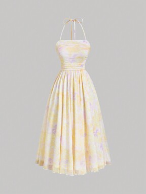 SHEIN MOD Pink Elastic Mesh Tie-Dye Printed Sundress With Ruched Front For Women, Summer