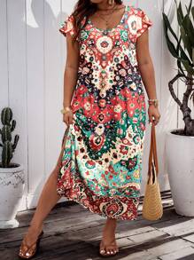 EMERY ROSE 随机印花大码圆领复古夏季连衣裙新年服装长款女装西装 - 紅色 - 查看 1